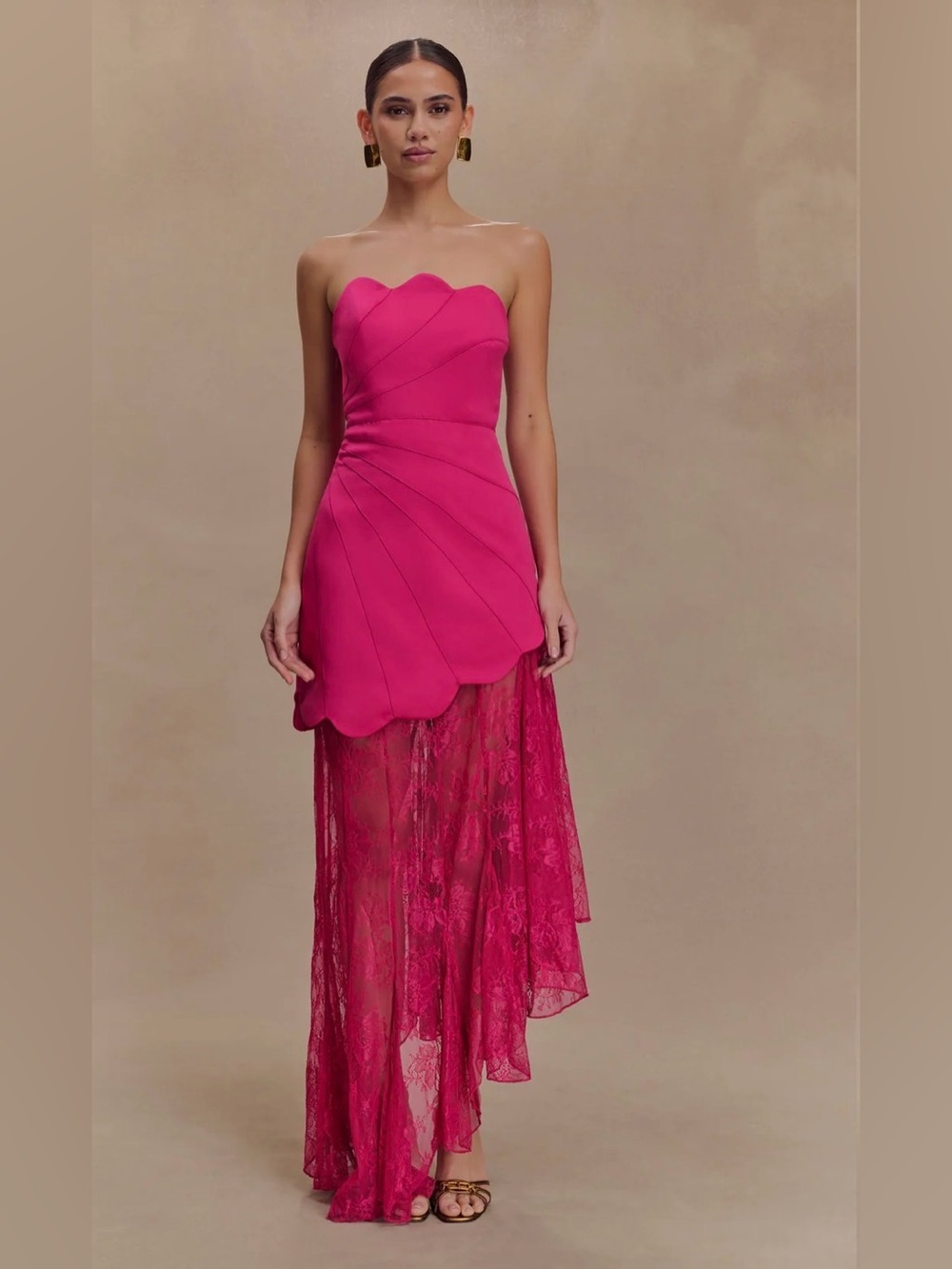 Meshki Satin & Lace Asymmetrical Dress in Pink/Dragonfruit (Aleena), SZ XS